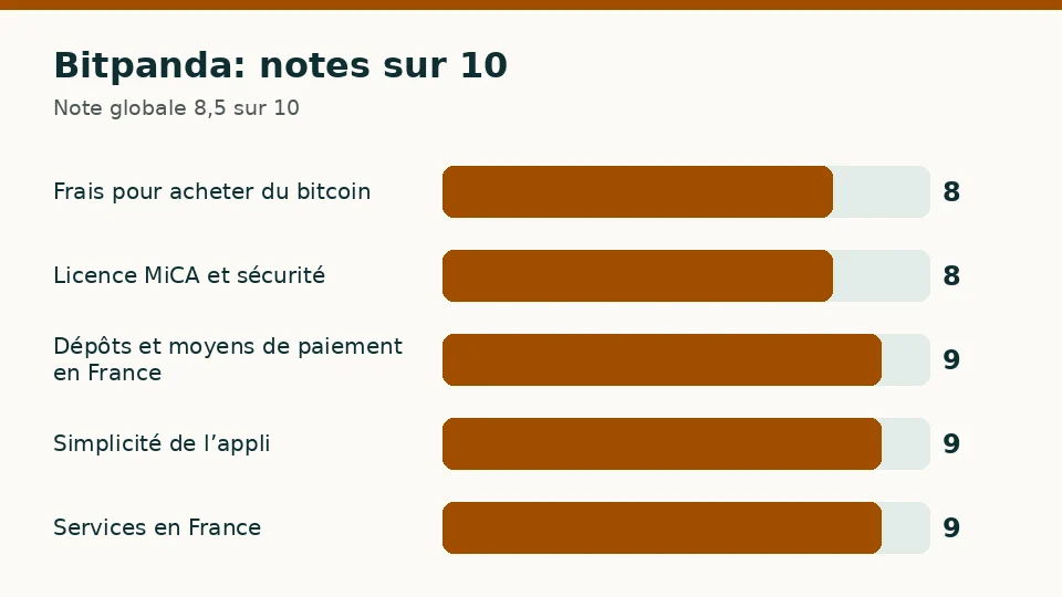 Bitpanda: notes sur 10 pour chacun des cinq critères