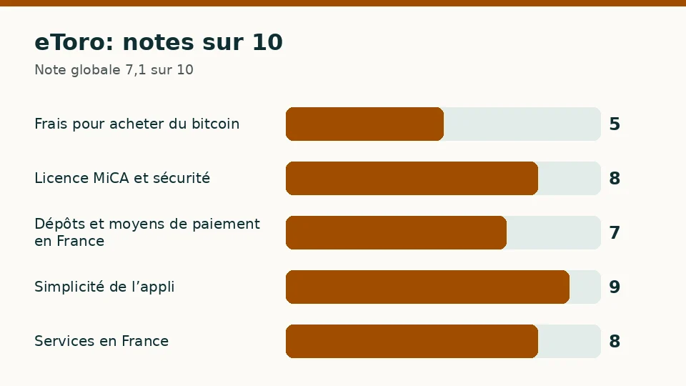 eToro: notes sur 10 pour chacun des cinq critères